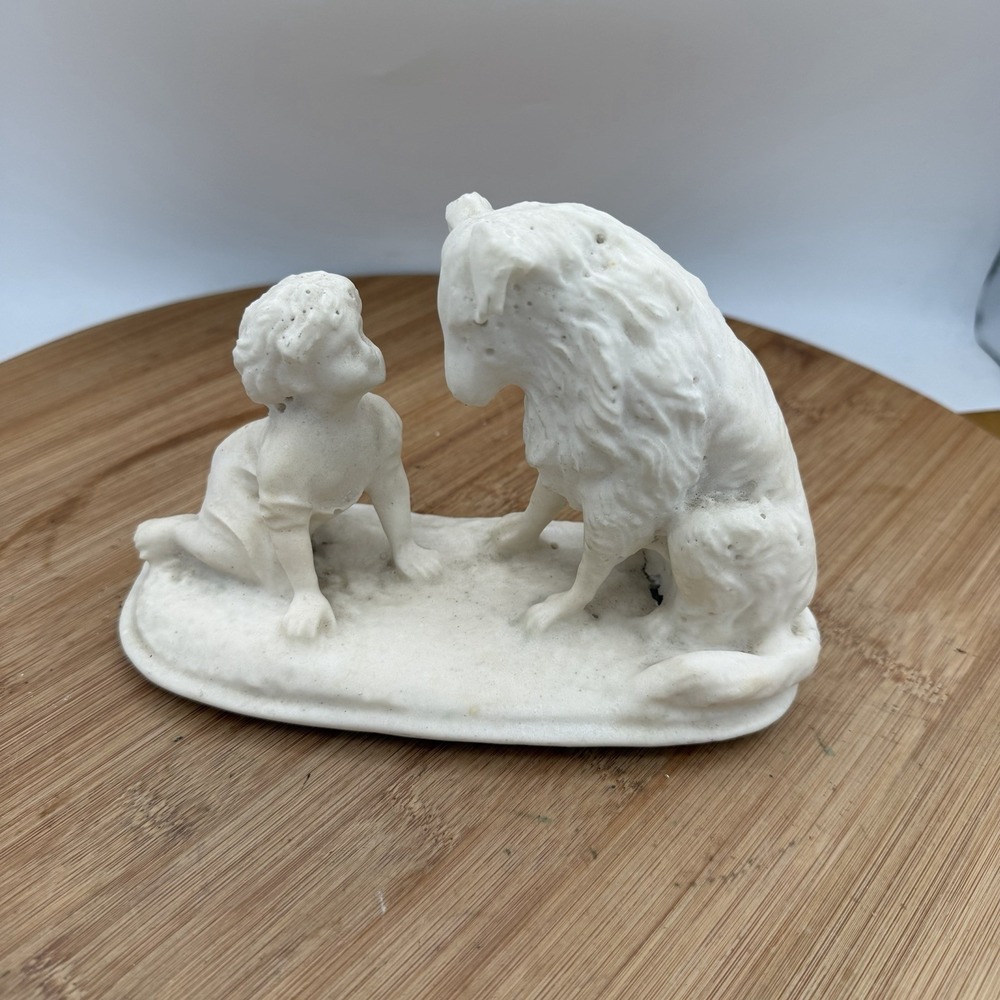 Antique White Sandstone/Chalkware‎ Baby Girl & Dog